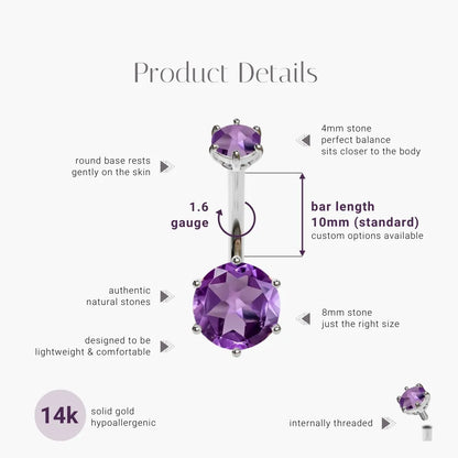 Orb 8mm Amethyst Belly Ring White Gold