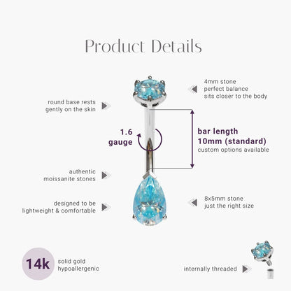 Hypnotic Blue 1.0 ct. Tear Moissanite Belly Ring White Gold